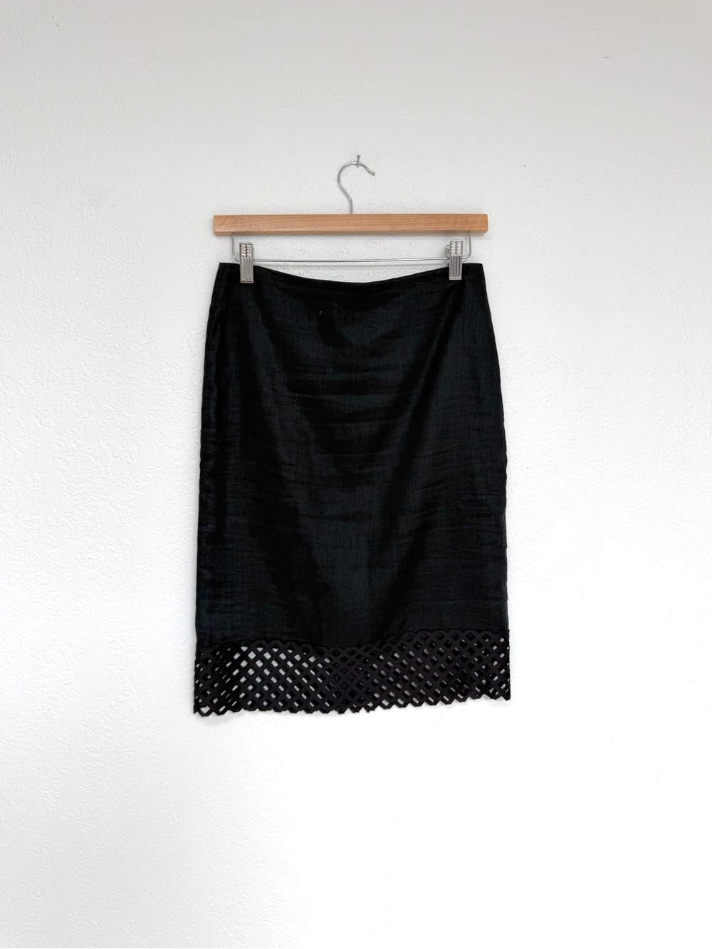VINTAGE black linen lattic hem tailored pencil skirt high waist / size XS